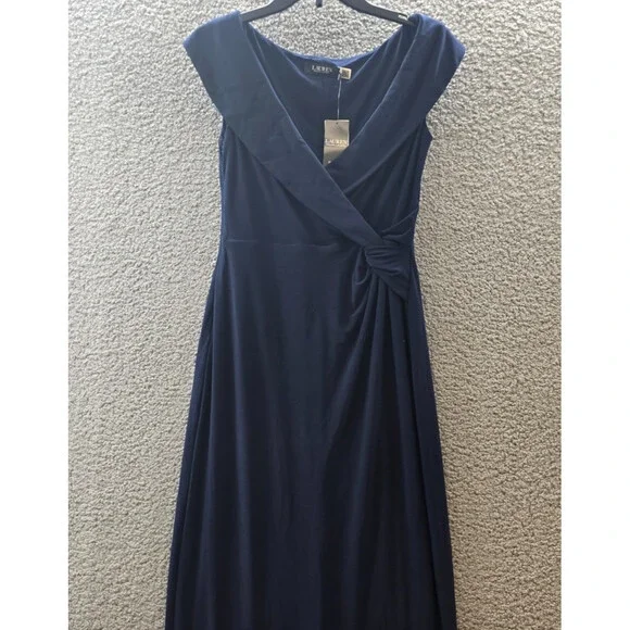Lauren Ralph Lauren Jersey Off-the-Shoulder Side-Slit Column Gown Women's 6 Navy